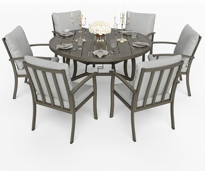 HAPPATIO Patio Dining Set, Aluminum Round Outdoor Dining Set for 6, 52" Round Dining Table with Umbrella Hole and 6 Chairs, Outdoor Table and Chairs with Removable Cushion for Lawn Yard Patio