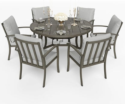 HAPPATIO Patio Dining Set, Aluminum Round Outdoor Dining Set for 6, 52" Round Dining Table with Umbrella Hole and 6 Chairs, Outdoor Table and Chairs with Removable Cushion for Lawn Yard Patio