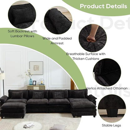 Oprisen 154" Modular Sectional Sofa, Comfy Cloud Couch Sectional Sofa with Ottoman, Chenille Sofa Sleeper Deep Seat Sofa with Throw Pillows for Living Room (Black, 154"- U Shape)