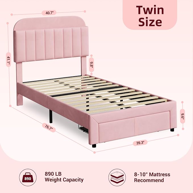 GarveeHome Twin Bed Frame with Drawer, Velvet Upholstered Platform Bed Frame with Storage Headboard, No Box Spring Needed, Easy Assembly, Noise-Free, Pink