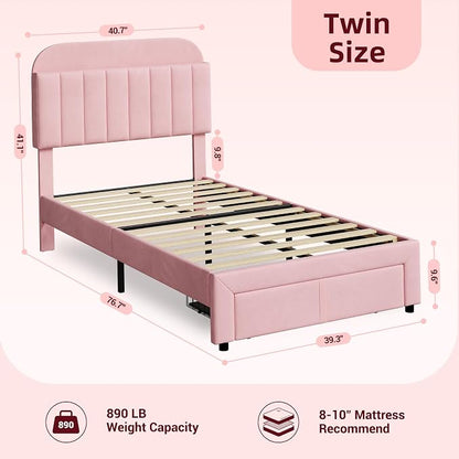 GarveeHome Twin Bed Frame with Drawer, Velvet Upholstered Platform Bed Frame with Storage Headboard, No Box Spring Needed, Easy Assembly, Noise-Free, Pink