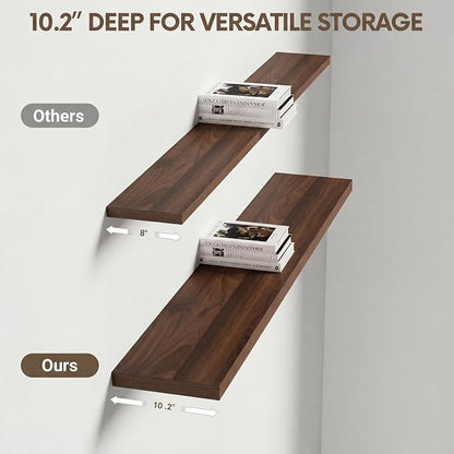 Vivelove 10" Deep Floating Shelves with Invisible Brackets, 40" Wall Shelves for Bathroom Bedroom Kitchen Living Room Laundry, Modern Rustic Shelves for Home Decor, 40"x10.2"x1.5", Set of 2, Walnut