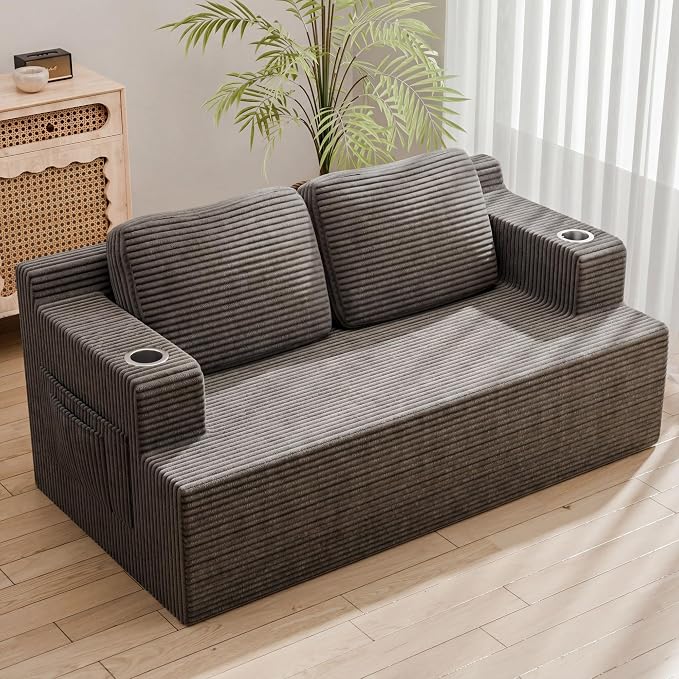 Homall 67” Boneless Sofa Couch with 2 Pillows Extra Deep Seats, Corduroy Fabric 3 Seater with Cup Holder & Storage Pocket Upholstered Floor Easy Installation (Grey, Loveseat)