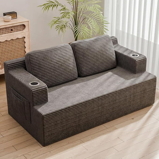 Homall 67” Boneless Sofa Couch with 2 Pillows Extra Deep Seats, Corduroy Fabric 3 Seater with Cup Holder & Storage Pocket Upholstered Floor Easy Installation (Grey, Loveseat)