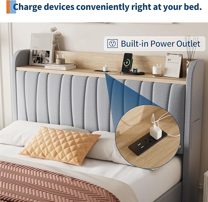 Garvee Upholstered Bed Frame Full Size with Storage Headboard and Charging Station, Platform Bed Frame with Drawers, Heavy Duty, No Box Spring Needed, Easy Assembly, Light Grey