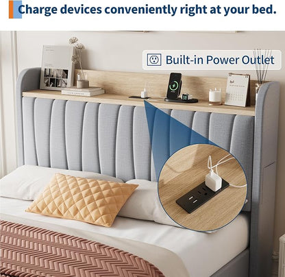 GarveeHome Upholstered Bed Frame with Storage Headboard and Charging Station, Platform Bed Frame with Drawers, Heavy Duty, No Box Spring Needed, Easy Assembly, Grey, Full Size