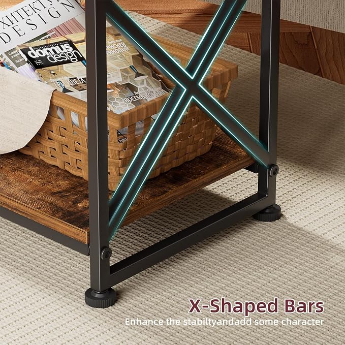 Simple Trending Side Table, End Table with 3 Tiers Open Shelves, Bedside Table for Sofa Couch, Nightstand, Living Room, Bedroom, Rustic Brown