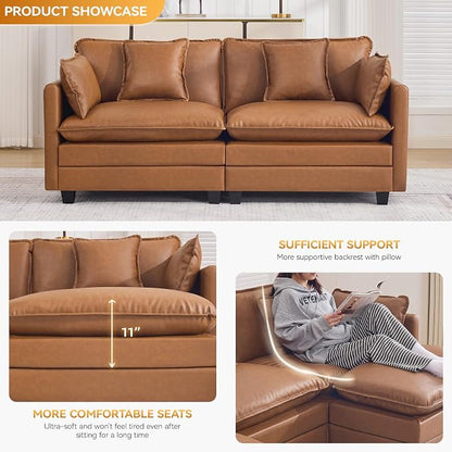 76'' Cloud Deep Seat Loveseat, Upholstered Leather Modular 2-Seats Sectional Sofa Couch, Modern Comfy Settee Loveseat for Living Room Set, Small Apartment, Leather Light Brown