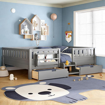 Queen Platform Bed with Storage Drawers and Bookshelves, Kids Platform Bed Frame with Low-profile Stairs and Full-length Guardrails, Queen Bed Frame for Boys, Girls, No Box Spring Needed, Gray