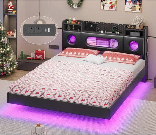 Dnxao Floating Bed Frame Queen with Headboard Storage& LED Lights, PU Black | Modern Metal Platform Bed with USB & Type C Charging Station and Hidden Storage, Metal Support, No Box Spring Needed