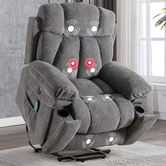 CANMOV Large Power Lift Recliner Chairs with Massage and Heat for Elderly Big People, Heavy Duty Motion Reclining Mechanism-Anti Skid Fabric Recliner Chair with 2 Concealed Cup Holders,Dark Gray