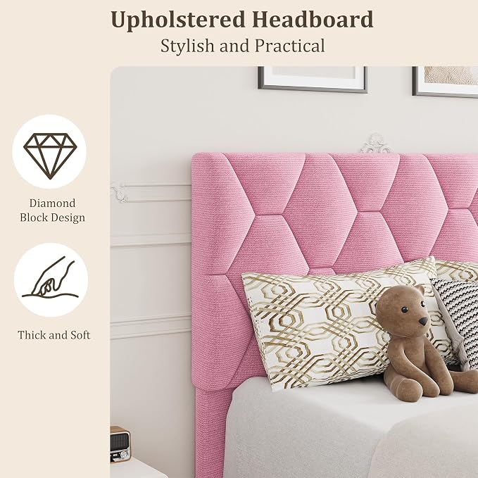GarveeHome Twin Size Platform Bed Frame with Upholstered Headboard and Wooden Slats Support, Velvet Upholstered Mattress Foundation/No Box Spring Needed/Easy Assembly, Pink