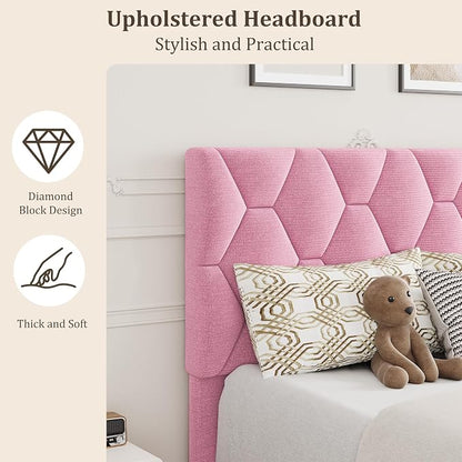 GarveeHome Twin Size Platform Bed Frame with Upholstered Headboard and Wooden Slats Support, Velvet Upholstered Mattress Foundation/No Box Spring Needed/Easy Assembly, Pink