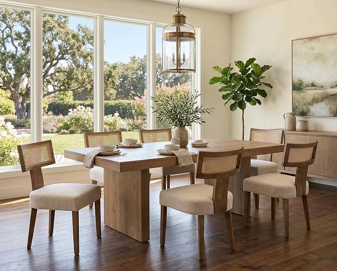 RIVOVA Rattan Dining Chairs Set of 6, Modern Dining Chair Kitchen Dining Room Chairs, Curved Cane Back Upholstered Linen Fabric Dining Chair with Wood Frame, Beige