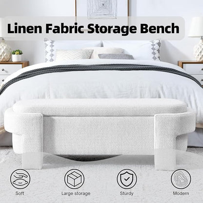 51.5" Oval Storage Bench End of Bed Storage Benches Linen Fabric Upholstered Ottoman Bench with Large Storage Space for Living Room Entryway Bedroom Hallway (Ivory White, 51.5 inch)