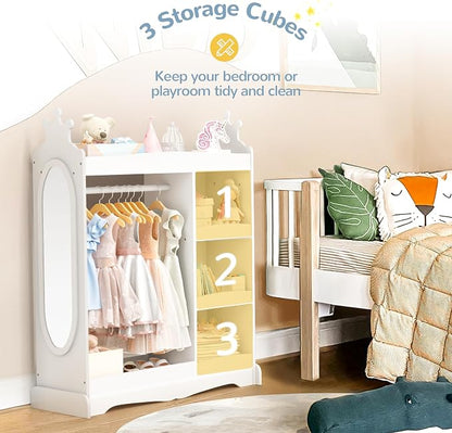 Curipeer Kids Dress up Storage with Mirror, Kids Wardrobe with 3 Hooks, Kids Closet for Girls Boys, Open Hanging Armoire Costume Organizer for Bedroom, Preschool, Classroom, White