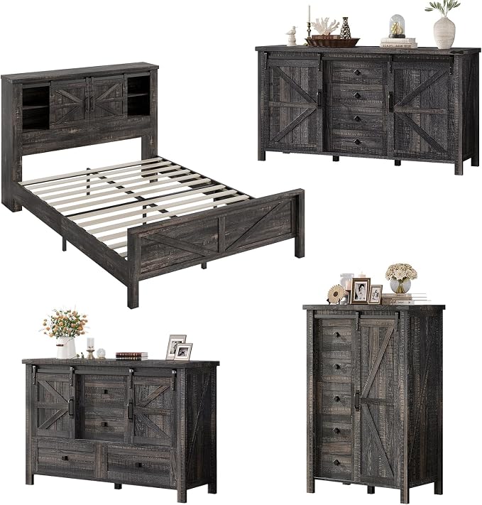AMERLIFE 4 Pieces Farmhouse Bedroom Set, Includes Full Size Bookcase Headboard Bed Frame, 5 Drawer Tall Dresser, 47'' Dresser with 4 Drawers, 60" Dresser with 4 Drawers, Black Oak
