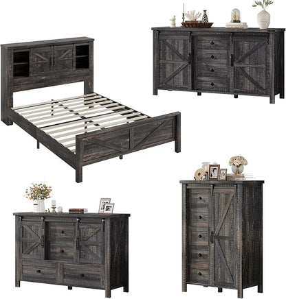 AMERLIFE 4 Pieces Farmhouse Bedroom Set, Includes Full Size Bookcase Headboard Bed Frame, 5 Drawer Tall Dresser, 47'' Dresser with 4 Drawers, 60" Dresser with 4 Drawers, Black Oak