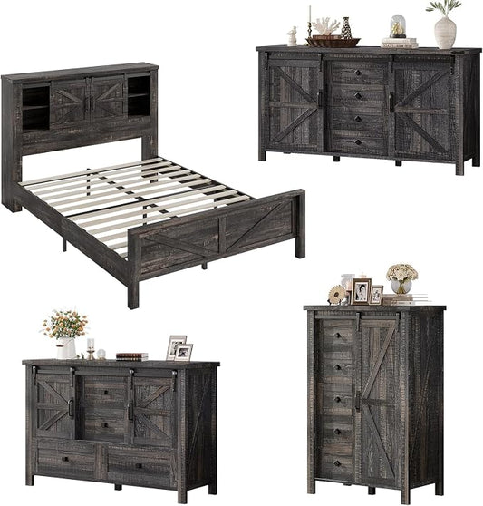 AMERLIFE 4 Pieces Farmhouse Bedroom Set, Includes Full Size Bookcase Headboard Bed Frame, 5 Drawer Tall Dresser, 47'' Dresser with 4 Drawers, 60" Dresser with 4 Drawers, Black Oak