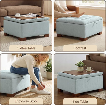 30 Inch Square Storage Ottoman Coffee Table, Modern Tufted Upholstered Ottoman with Flip Tray and Solid Wood Legs, Suitable for Living Rooms, Linen Blue