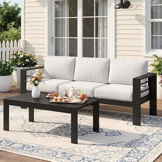 Wisteria Lane Aluminum Outdoor Sofa, 2 Pieces Patio Couch All-Weather Rust-Proof Modern Metal Patio Furniture with 5" Thick Olefin Cushions, Light Grey