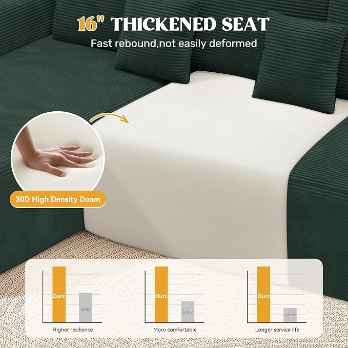112" Modern Curved Cloud Couch, Boneless Couches for Living Room with Deep Seat, Memory Foam Compressed Modular Sectional Sofa, No Assembly Required,Green 1 PCS
