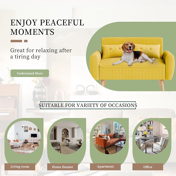 Vongrasig 48" Small Modern Loveseat Sofa, Mid Century Soft Corduroy Fabric 2-Seat Sofa Couch Tufted Love Seat with Back Cushions and Tapered Legs for Living Room, Bedroom and Small Space (Yellow)