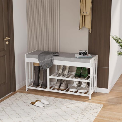APRTAT 3-Tier Bamboo Shoe Rack Bench, Shoe Storage Organizer Bench, Entryway Benchs, Shoes Rack for Front Door Entrance, Entryway Bathroom Bedroom (White, Large)