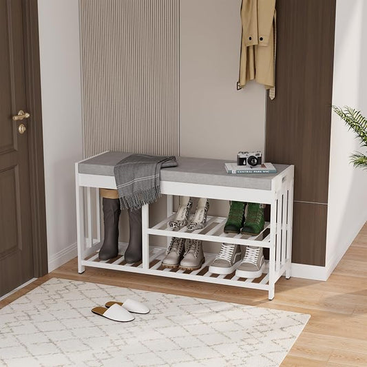 APRTAT 3-Tier Bamboo Shoe Rack Bench, Shoe Storage Organizer Bench, Entryway Benchs, Shoes Rack for Front Door Entrance, Entryway Bathroom Bedroom (White, Large)