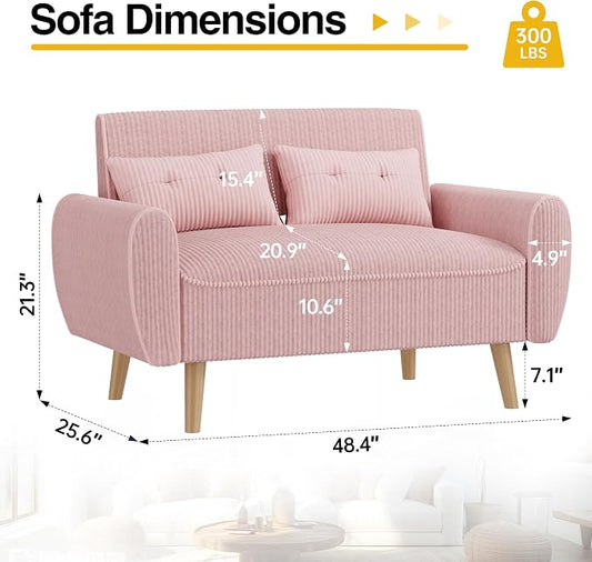 JAMFLY Pink Loveseat Sofa, 47.2'' Modern Small Space Sofa Set, High Density Sponge, Linen, Wood, 350 lbs Capacity