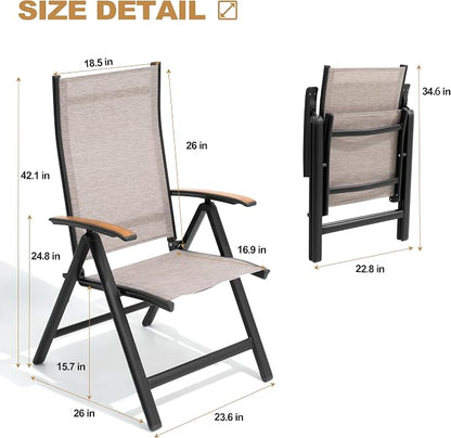 Pellebant 2 Pieces Aluminum Outdoor Dining Chairs, Patio Foldable Adjustable Backrest Armchairs, Weather Resistant Outdoor Furniture Set for Deck Porch & Backyard