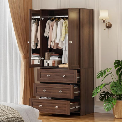 VOWNER Armoire Wardrobe Closet with Drawers and Mirror, 71" Clothing Storage Cabinet with Hanging Rod, 2 Doors Wooden Wardrobe Cabinet for Bedroom, Large Capacity Storage