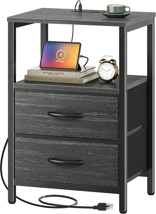 Huuger Nightstand with Charging Station, Fabric Drawers, End Table with Open Shelf, Bedside Table with USB Ports and Outlets, Night Stand for Bedroom, Charcoal Black Wood Grain Print