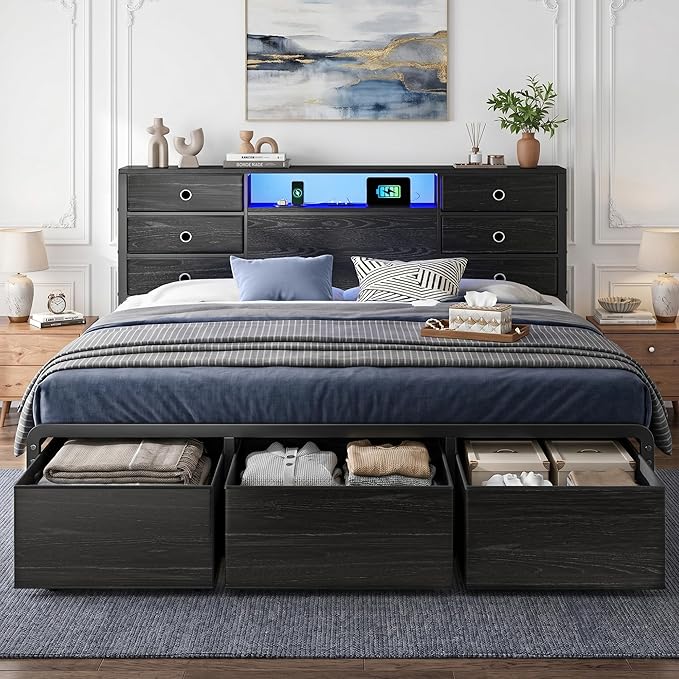 Homkdom King Size Bed Frame with 9 Fabric Drawers Storage, Charging Station & LED Lights, Metal Platform Bed Frame with Headboard,Noise-Free and Easy Assembly,Black