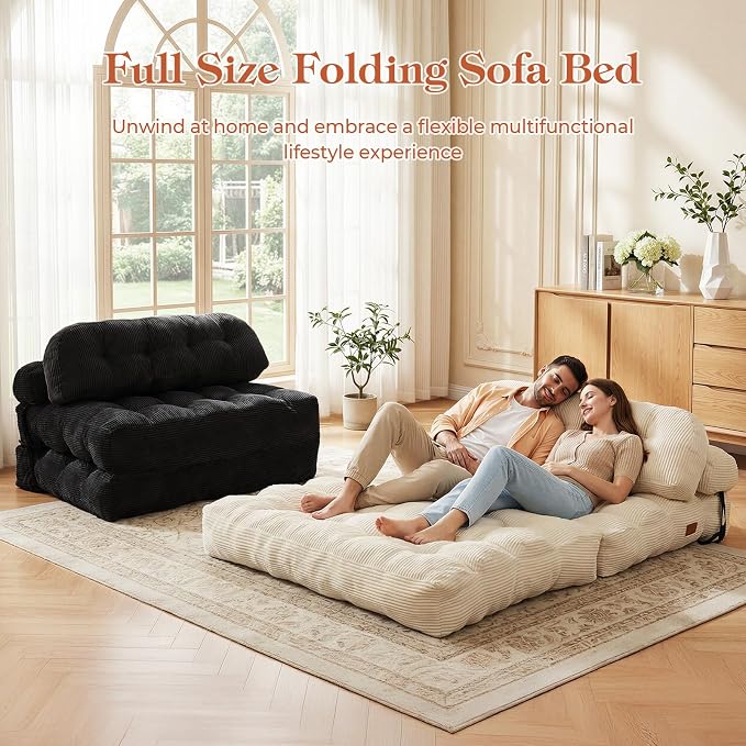Folding Sofa Bed, Convertible Sleeper Chair with Back Support and Pillow Futon, Boneless Matress, for Living Room/Guest Use/Home Office, Foldable Chair Bed for Adults, Black, Full