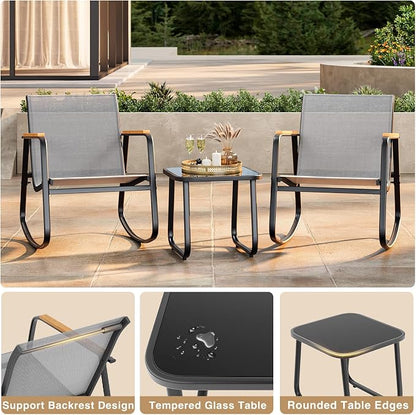 Ahomly 3 Pieces Patio Furniture Set, Outdoor Textilene Furniture Set with Wooden Armrests, Coffee Table with Tempered Glass Tabletop, Patio Chairs for Lawn, Balcony, Grey