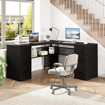 HSH Black L Shaped Desk with File Drawers Shelves, Reversible Corner Metal Wood Computer Desk with Storage Cabinet, Modern Large Executive Work Writing Study Table for Home Office Bedroom, 59 Inch