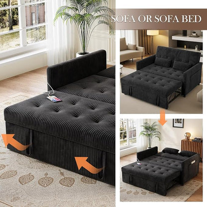 Sofa Bed, Loveseat 3-in-1 Sleeper Sofa with Pull Out Bed, Pockets and USB, Modern 2 Seater Convertible Small Couch for Living Room Bedroom Apartment (Black, Corduroy)