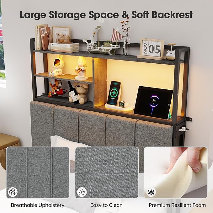 54.8" Tall Twin Size Headboard with 3-Tier Storage Shelves, Linen Upholstered Head Board with USB & Type C Port & LED Light, Soft Backrest for Twin Size Bed,Sturdy Headboard Only