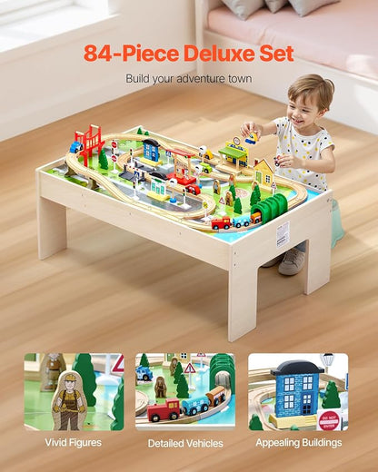 VEVOR Train Table, 84 Multicolor Pieces Wooden Kids Activity Table with Collapsible Storage Bin, 3-in-1 Wooden Train Set for Gaming, Drawing, Reading, Eating, Creative Toy Set for Kids Ages 3+