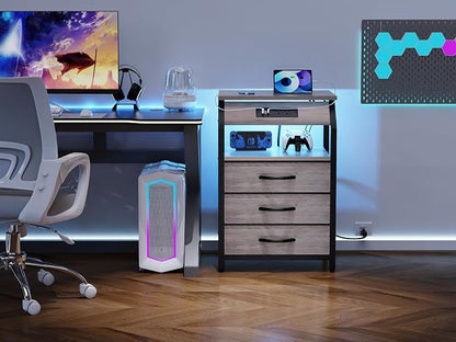 SZLHANJZ Night Stand Set of 2, Nightstands with Charger Station and LED Lights, End Tables Set with 3 Fabric Drawers, Storage Side Tables for Bedside, Living Room, Greige