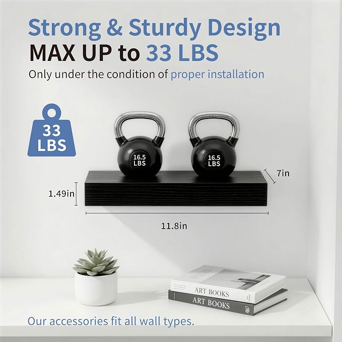 Floating Shelves for Wall, Bathroom Shelves Over Toilet, Wall Shelves & Book Shelf for Room, Hanging Shelf, Modern Wooden Wall-Mounted Small Floating Shelves, 12x7x1.5 in (Black, Set of 3)