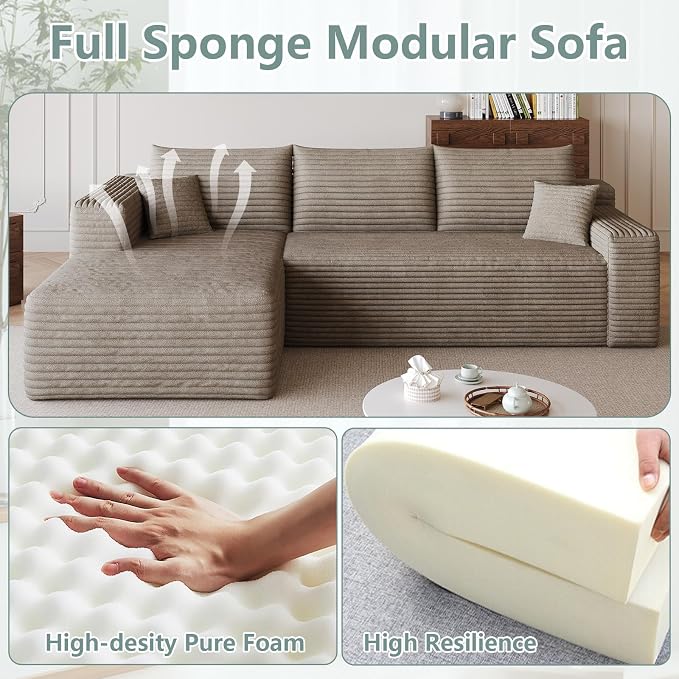 95" Modular Sectional Sofa, Modern Corduroy Cloud Couch with Side Pockets, Boneless Couch Upholstered 3-Seater L-Shaped Sofa for Living Room, No Assembly Required (Camel,Left-Facing Chaise)