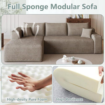 95" Modular Sectional Sofa, Modern Corduroy Cloud Couch with Side Pockets, Boneless Couch Upholstered 3-Seater L-Shaped Sofa for Living Room, No Assembly Required (Camel,Left-Facing Chaise)