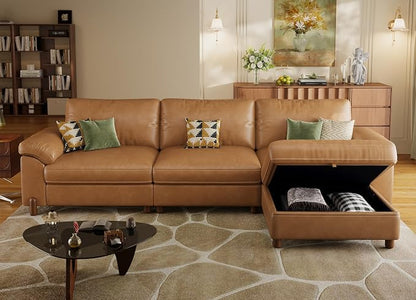 SITJOY Large Cloud Couch, 118" Wide 3 Seater L Shape, Faux Leather in Brown | Pet-Friendly Scratch-Resistant Leather Sectional Sofas for Living Room, Deep Seat Wide Couch with Chaise, Storage Ottoman