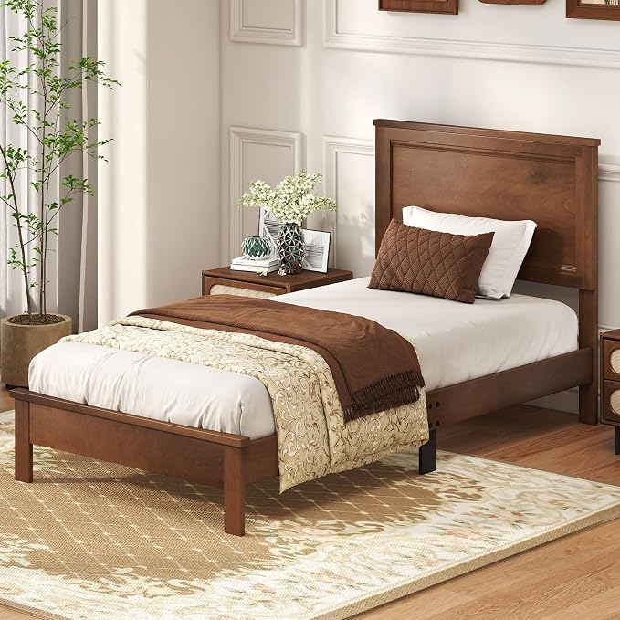 GOFLAME Twin Size Wood Bed Frame, Mid-Century Modern Platform Bed with Headboard, Solid Wood Legs, Mattress Foundation with 12 Wooden Slats, No Box Spring Needed, Walnut