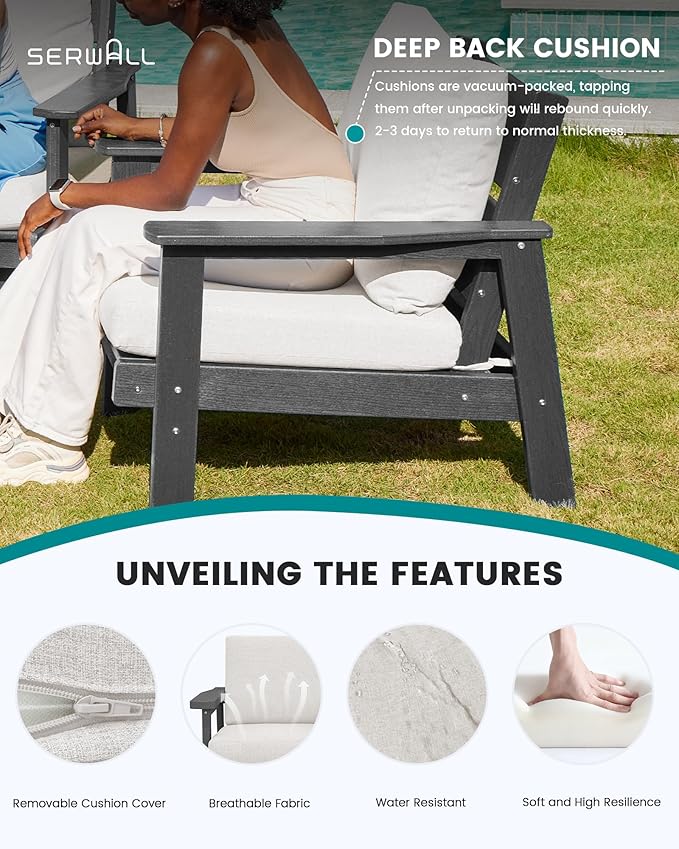 SERWALL HDPE Outdoor Furniture Set, 7 Piece All Weather Wood-Like Outdoor Sofa Sectional Couch, Grey Patio Furniture Set with Khaki Cushions
