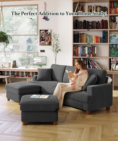Welzona 25.2" Couches for Living Room, Comfy Grey Ottoman with Storage, Foot Rest Tool-Free Setup, Small Ottoman Foot Rest for Couch, Corduroy Couch for Bedroom, Apartment, Office
