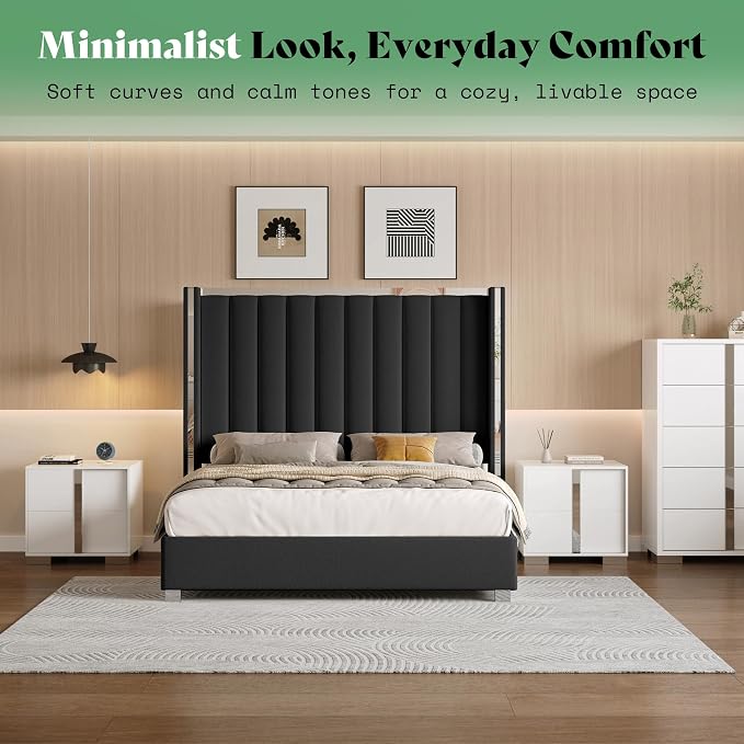 AMERLIFE 3-Piece Modern Bedroom Set King – Black Upholstered Bed Frame with 58" Wingback Headboard and 2 White Nightstands