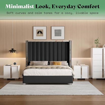 AMERLIFE 3-Piece Modern Bedroom Set King – Black Upholstered Bed Frame with 58" Wingback Headboard and 2 White Nightstands